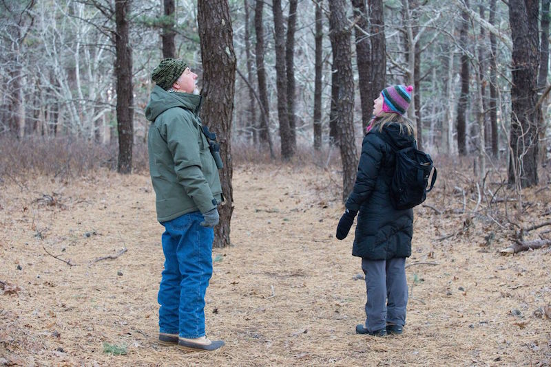 Team partners Luanne Johnson and Tom Chase hunt for songbirds on a frigid day. Ms. Johnson led the count for the third year.