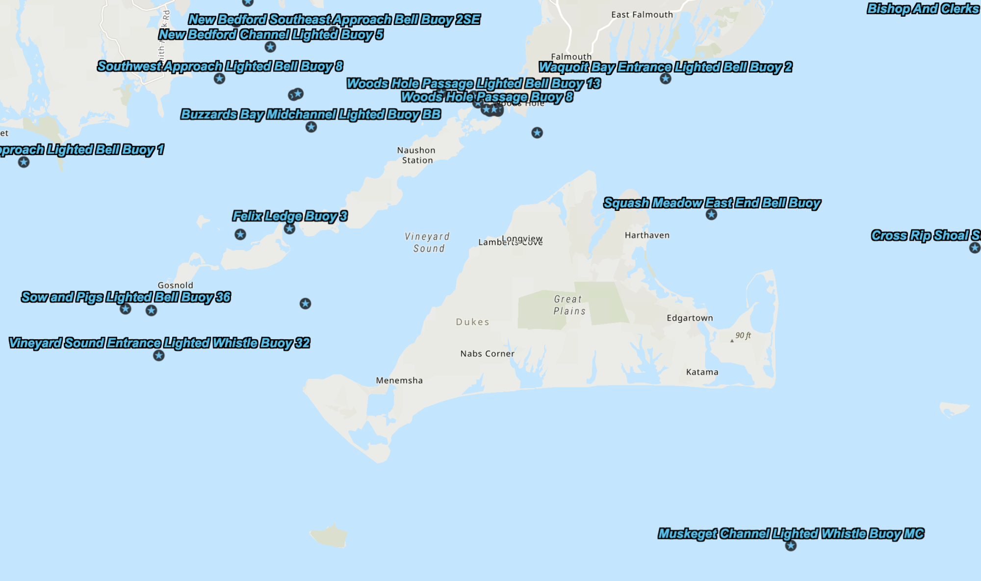 A Coast Guard map shows buoys that are on the chopping block around the Vineyard, Woods Hole and Gosnold.