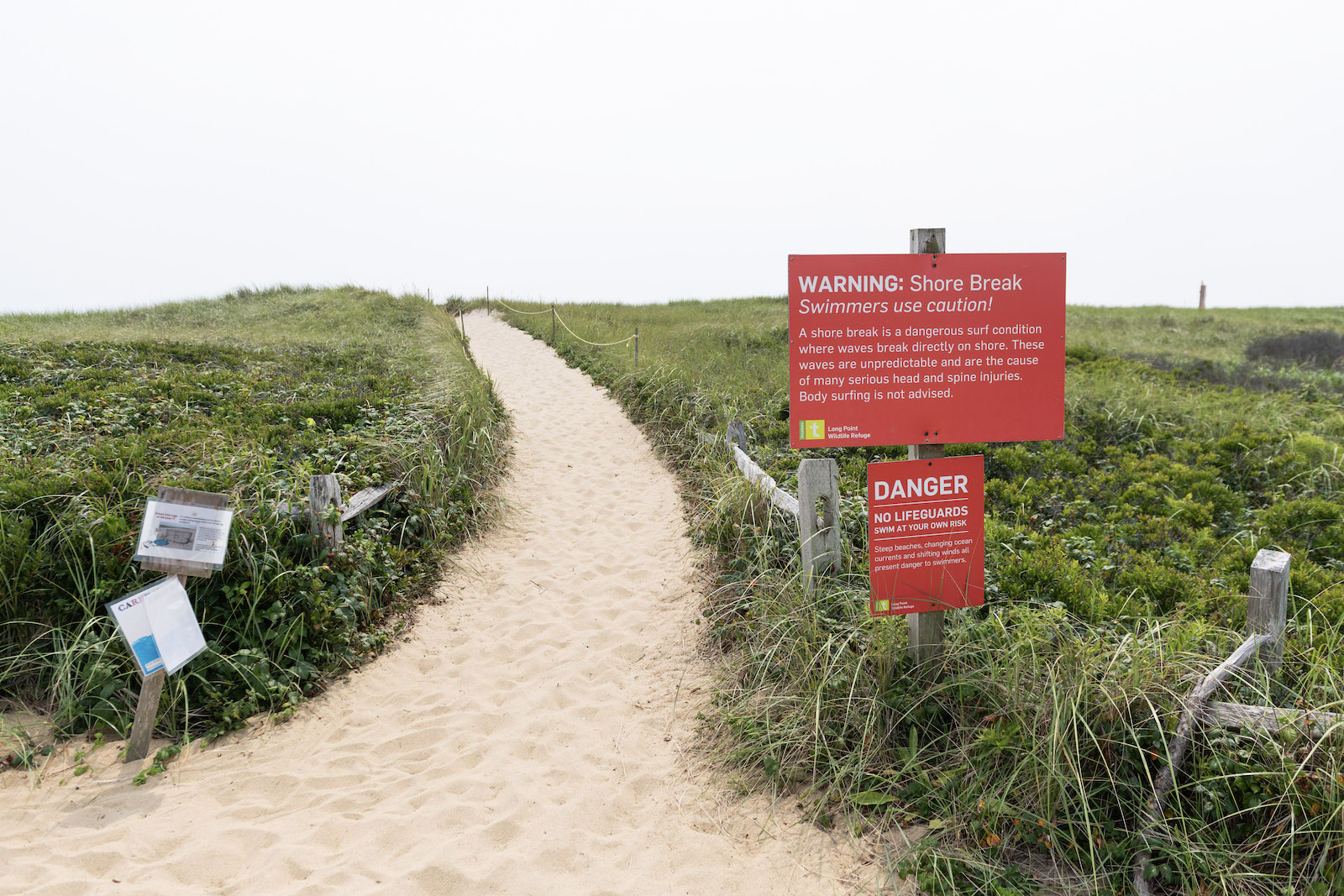 Signs warn swimmers at the Trustees-owned beach.