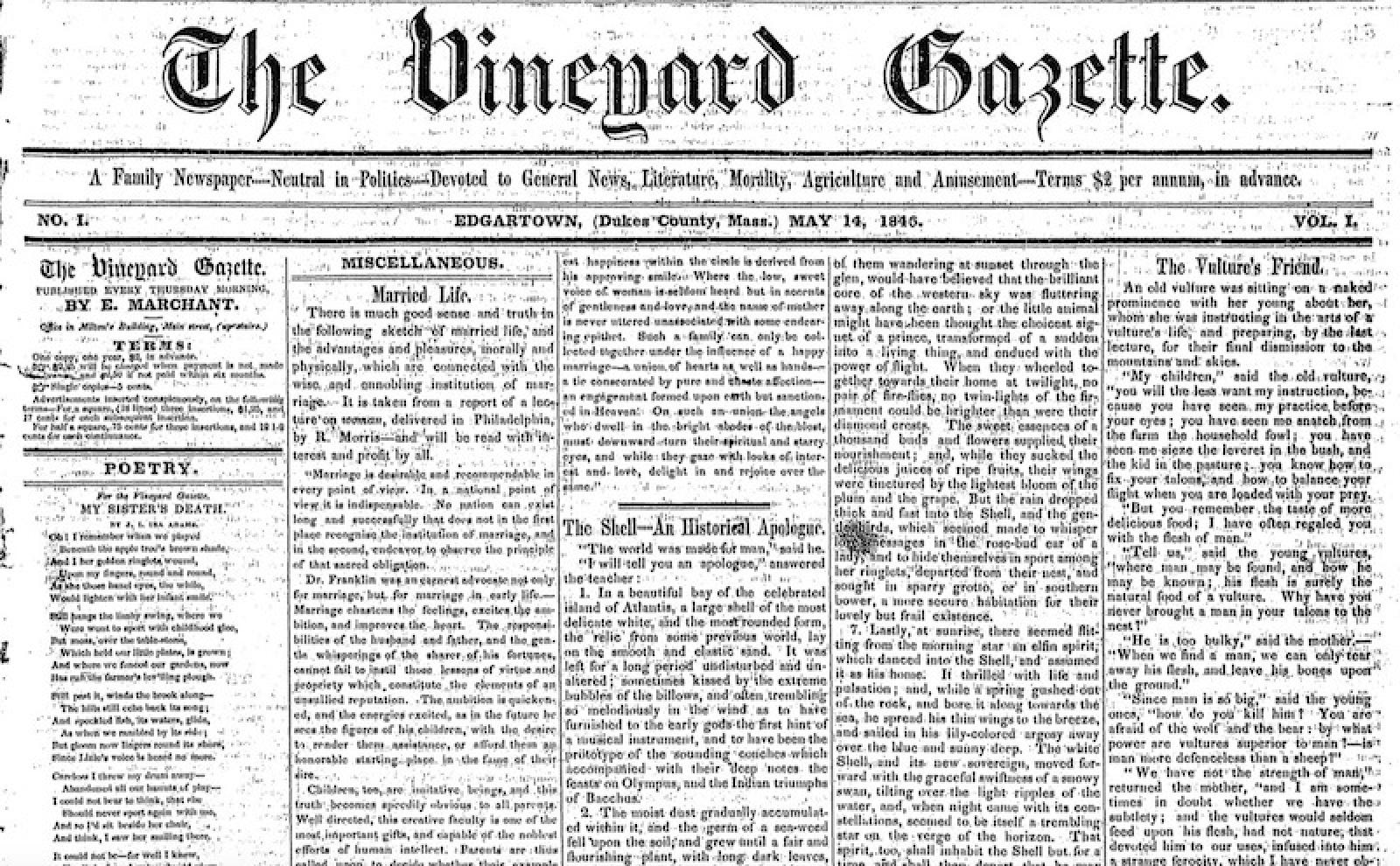 The Vineyard Gazette Martha's Vineyard News In the Beginning