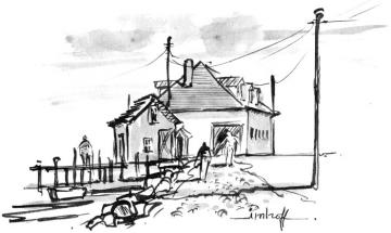 BW line drawing illustration boathouse