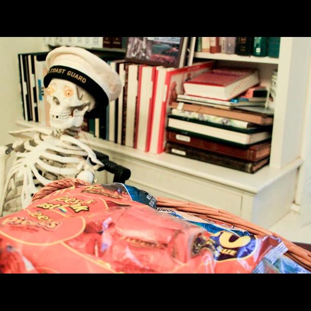 Halloween preparations skeleton sailor hat