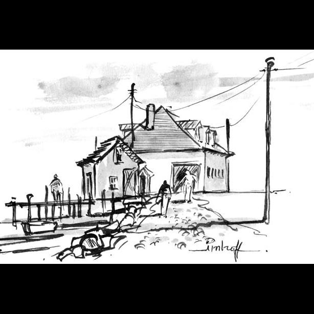 BW line drawing illustration boathouse