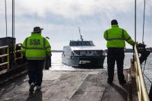 Seastreak arrives in Woods Hole.