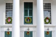 A sextet of wreaths adorns the front of The Old Whaling Church.