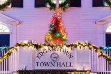 A small tree adorns Edgartown Town Hall.