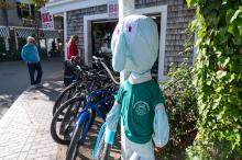 Krusty Krab employee Squidward outside Dock Street Coffee Shop.