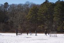 A group clears a hockey rink.