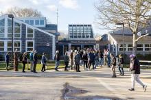 Voters line up outside the West Tisbury School.