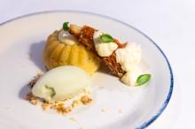 Lemon olive oil cake with basil sherbet for dessert.
