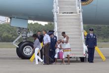 President Obama, Michelle Obama and family arrive at Otis Air Force Base for vacation on Martha's Vineyard.