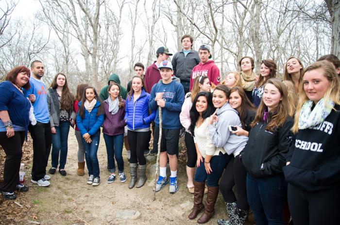 High school students join teachers Elaine Weintraub and Brian Scott (both far left) on African American heritage trial.