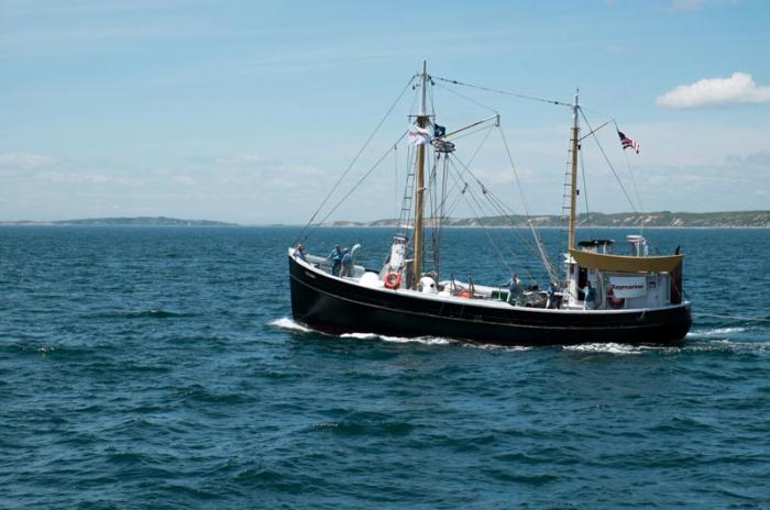 1947 eastern-rig dragger Roann returns to the Vineyard; she was last here as whaling ship Charles W. Morgan's escort.