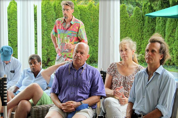 Gwen Norton, Matt Pelikan, Jesse Ausubel, Luanne Johnson and Brad Palmer listen to update about heath hen project, which has stirred excitement among small group of donors and conservationists.