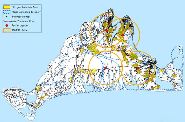 Potential nitrogen reduction areas, wastewater facilities, and housing density.
