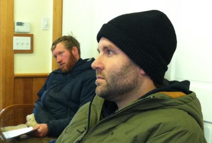 Wes Brighton (foreground), commercial fisherman and leader in Vineyard fishermen's association, said survey work for the wind farm will interfere with gilnetters who work the ocean floor.