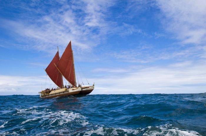 Traditional vessel of Polynesians has no modern technology to guide it preferring the wind, currents, and stars.