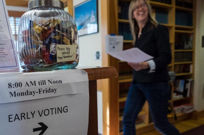 Chilmark town clerk Jennifer Christy has been kept busy with early voting, a first in Massachusetts this year.