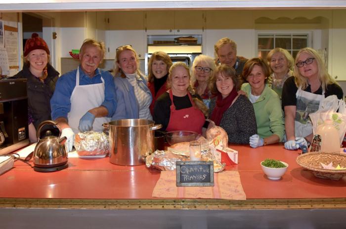 Volunteers at the West Tisbury Congregational Church prepare for Wednesday's community supper.