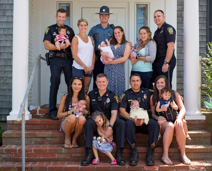 Police department is a family affair. Top: Seth Harlow with Gunner, Bonnie Kingsbury, Dustin Shaw, Morgan Shaw with Lowen, Rene Will with Julian, Tim Millerick. Front row: Alessandra Hagerty with William, James Hagerty with Julianna, Jeffrey LaBell with Lark, Missie LaBell with Leya.