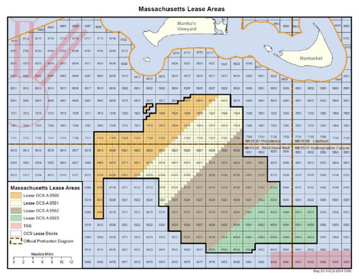 Brown and green represent locations sought by Statoil Wind US and PNE Wind USA ; orange area is being developed by Dong Energy, and yellow by Vineyard Power and OffshoreMW