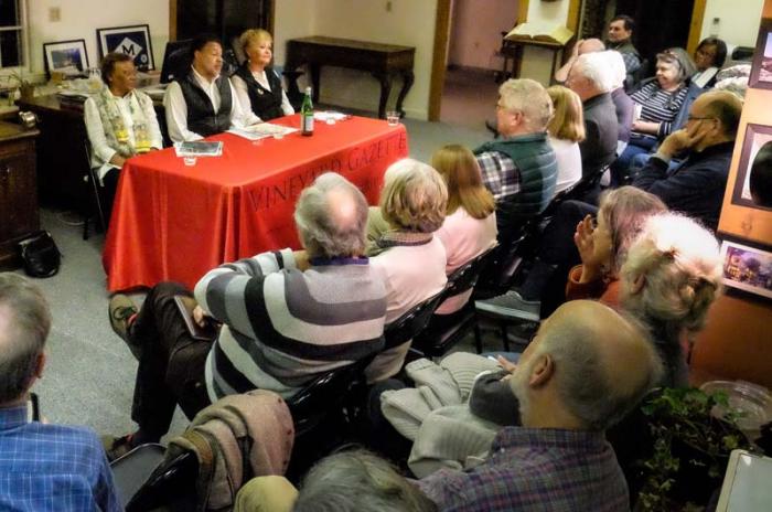 Olive Tomlinson, Skip Finley and Gretchen Tucker Underwood speak at Tuesdays in the Newsroom about how their families first settled in Oak Bluffs.