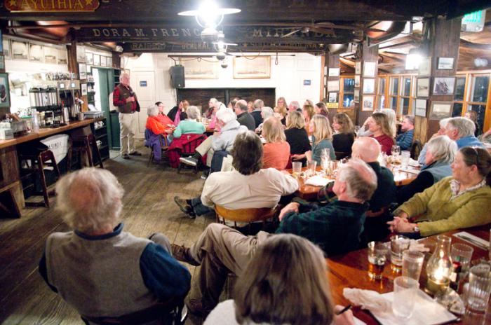 Tavern was full and at attention; Capt. Bob said the oldest pieces were a pair of whaling prints dating back to 1878.