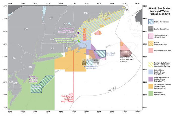 Sea scalloping is a 100 per cent sustainable fishery. Map shows management areas for sea scallopers.