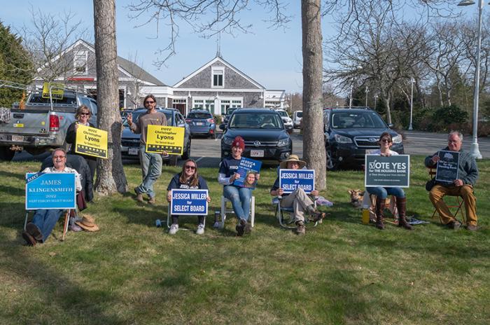 Friendly lineup of candidates in West Tisbury Thursday afternoon. Jessica Miller (center) won the race for select board.