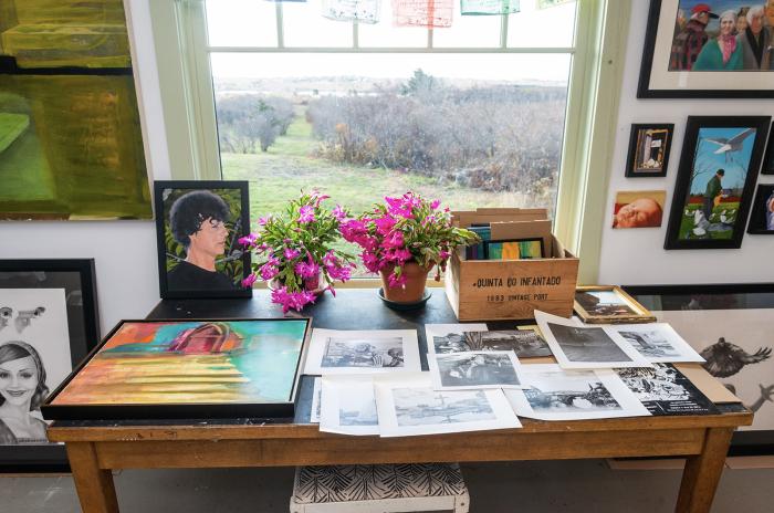 A variety of artworks were displayed in the studio.