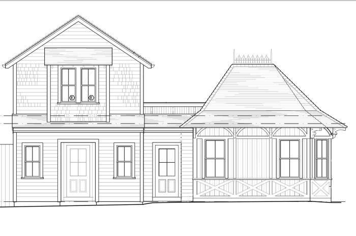 An elevation for the new structure shows the second-floor bedroom on the left.