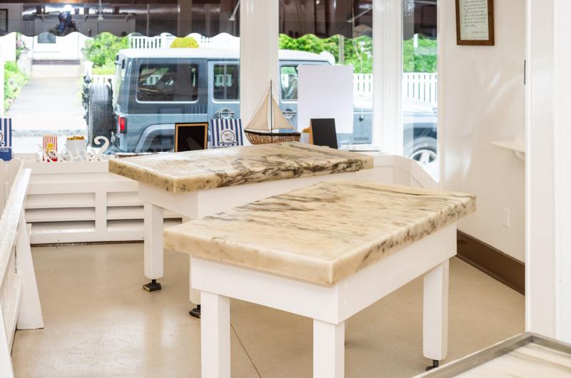 The same marble tables since the shop's inception are bolted to the floor.