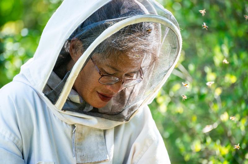 Nina Gordon in her beekeeping suit.