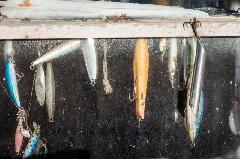 Lures await the next fishing season.