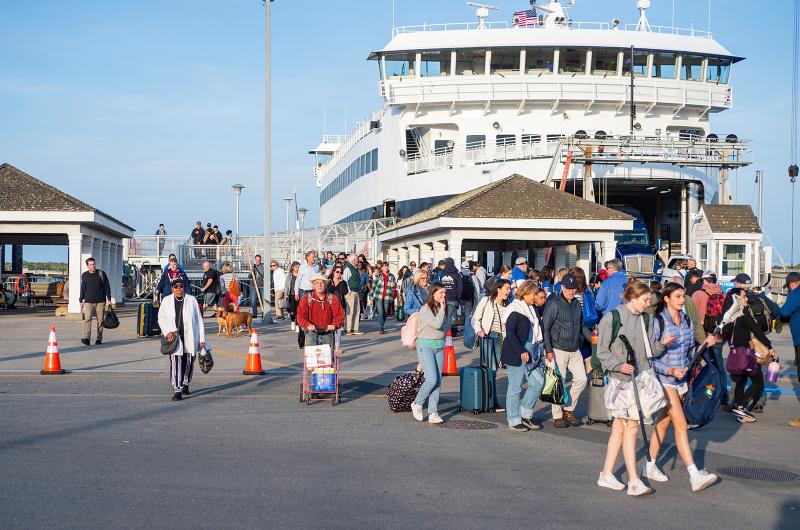 Locals and visitors alike stream off the ferry in Vineyard Haven.