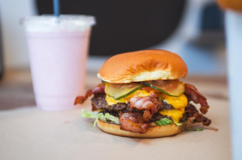 Burgers, Fries, Onion Rings, and a Strawberry Milkshake at Wicked Burger in Edgartown.