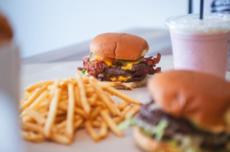 Burgers, Fries, Onion Rings, and a Strawberry Milkshake at Wicked Burger in Edgartown.