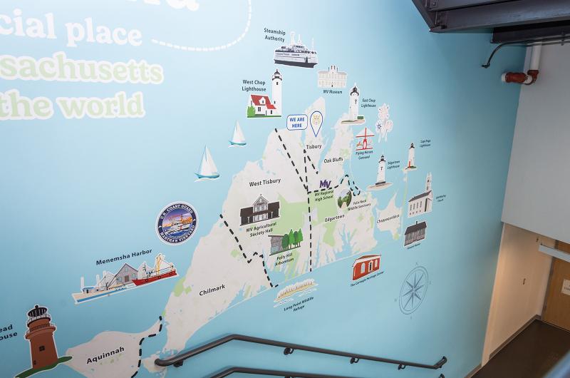 Educational maps lighten the hallways.