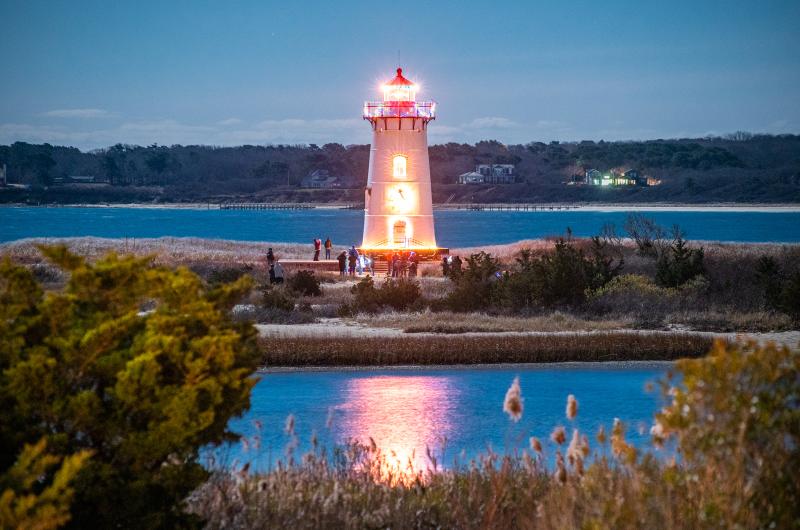 The flip is switched and Edgartown Lighthouse is turned on.