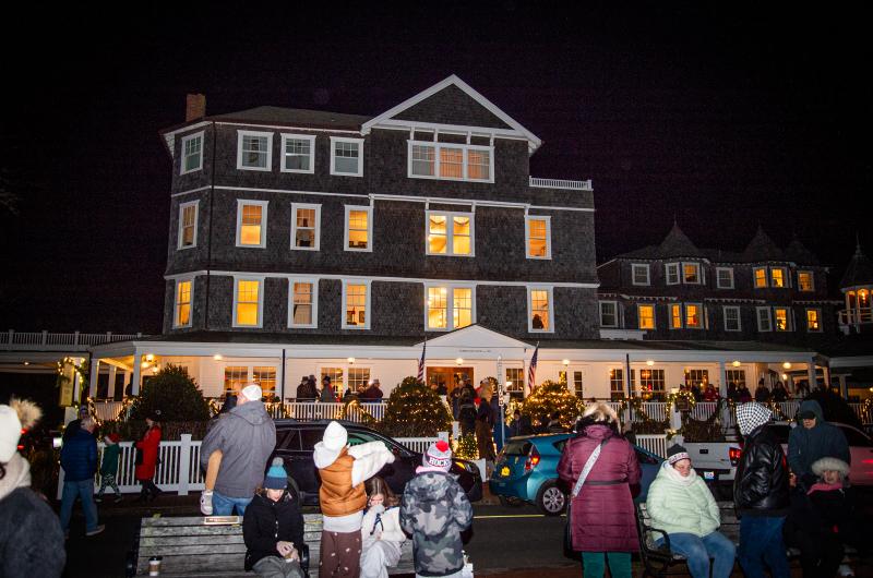 Revelers gather outside The Harborview Hotel on Friday night.