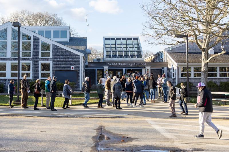 Voters line up outside the West Tisbury School.