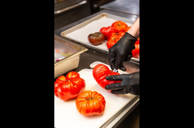 Cutting heirloom tomatoes from Morning Glory farm.