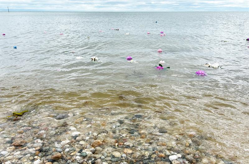 Flowers float away at the beach in Oak Bluffs.
