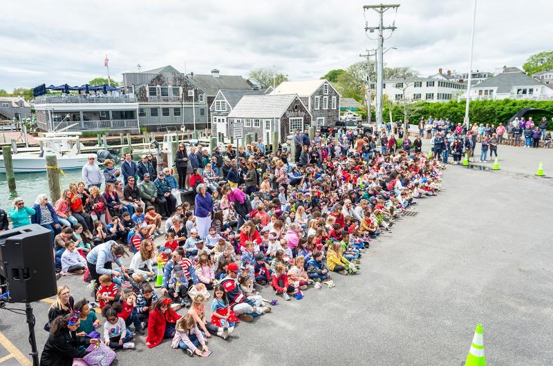 Edgartown School Students gather at Memorial Wharf.