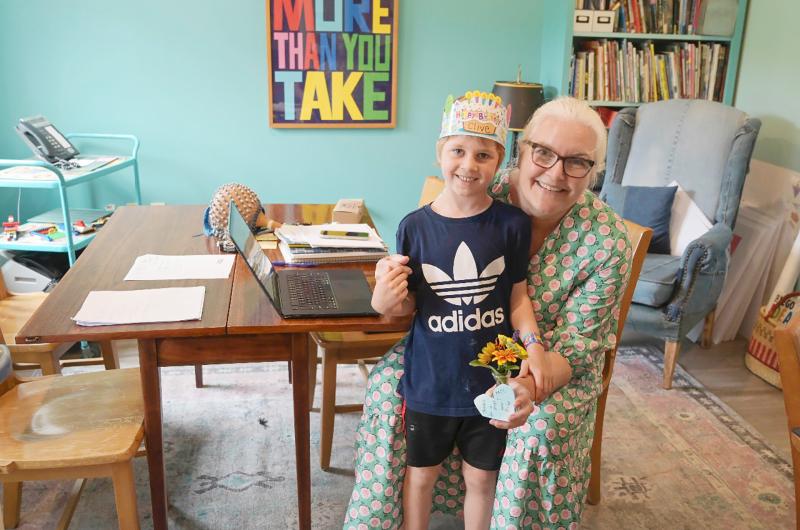 Chilmark school principal Kate Squire with a student.