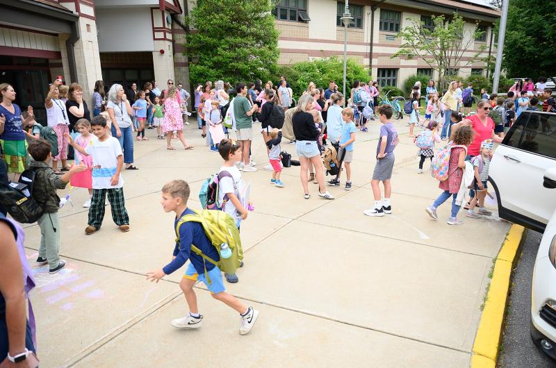 Oak Bluffs school students burst out of the doors.
