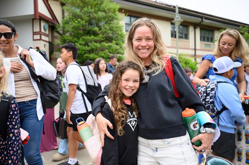 Sadie Ryerson and mom Erin outside Oak Bluffs school.