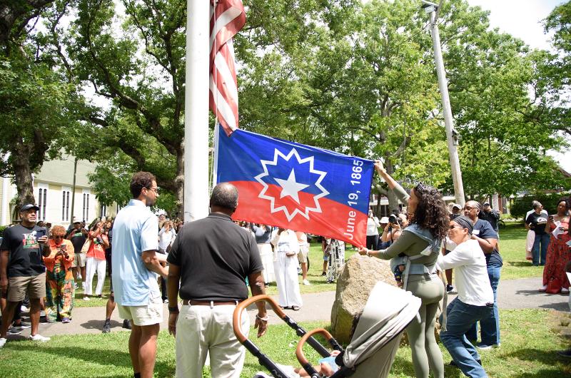 The Juneteenth flag is raised at the tabernacle in Oak Bluffs.