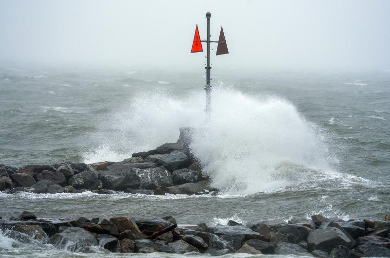 Relentless waves at the entrance to Oak Bluffs harbor.